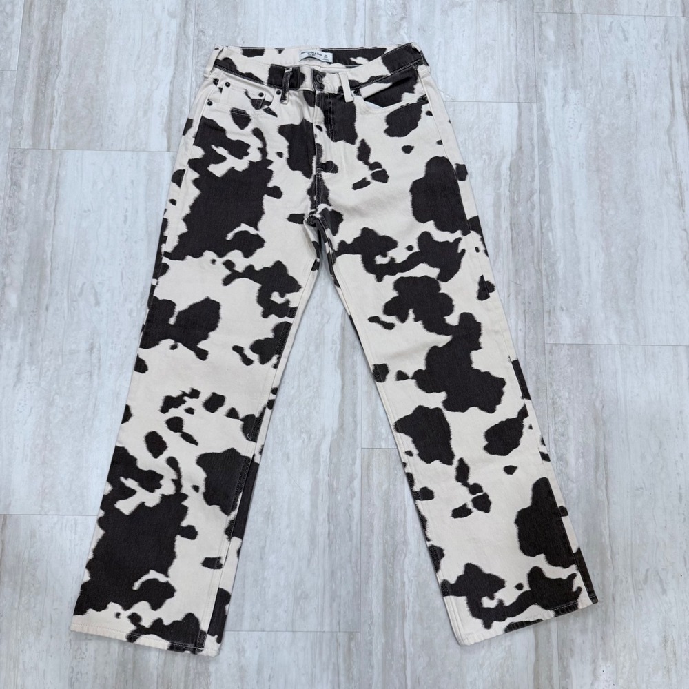 Abercrombie & Fitch The Baggy Low Rise Cow Print Jeans Black White 26 Short